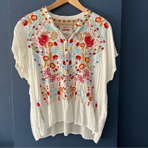 Johnny Was White Embroidered Floral Blouse with Red, Yellow & Blue Accents